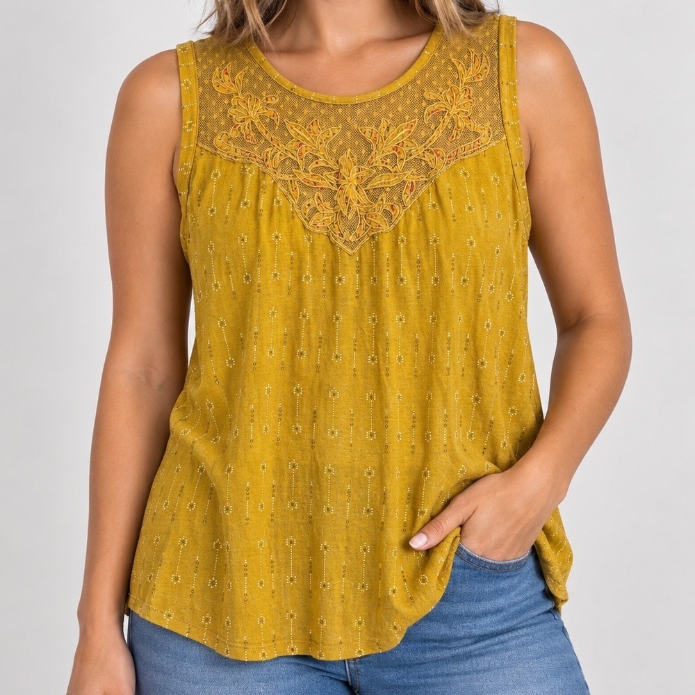 Lucky Brand Mustard Yellow Linen Blend Embroidered Sequin Tank Top Medium Boho